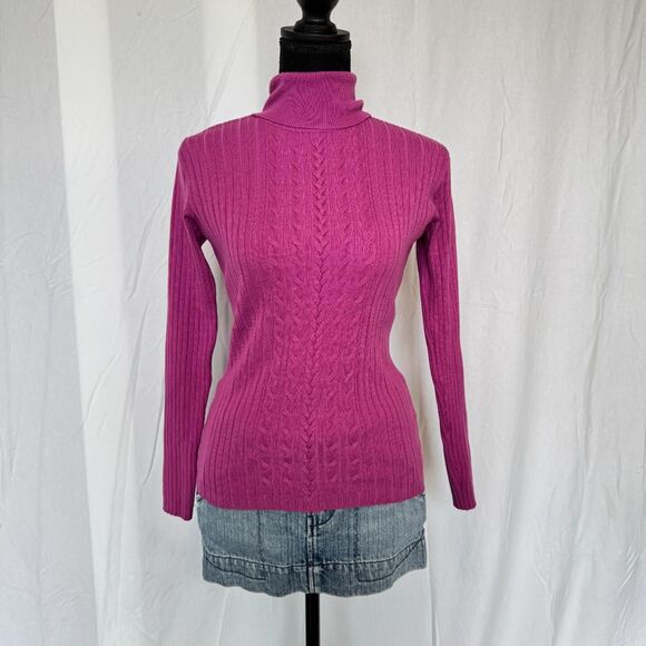 2000s Fuchsia Cableknit Turtleneck Sweater \ Y2K Sweater - Picture 1 of 6